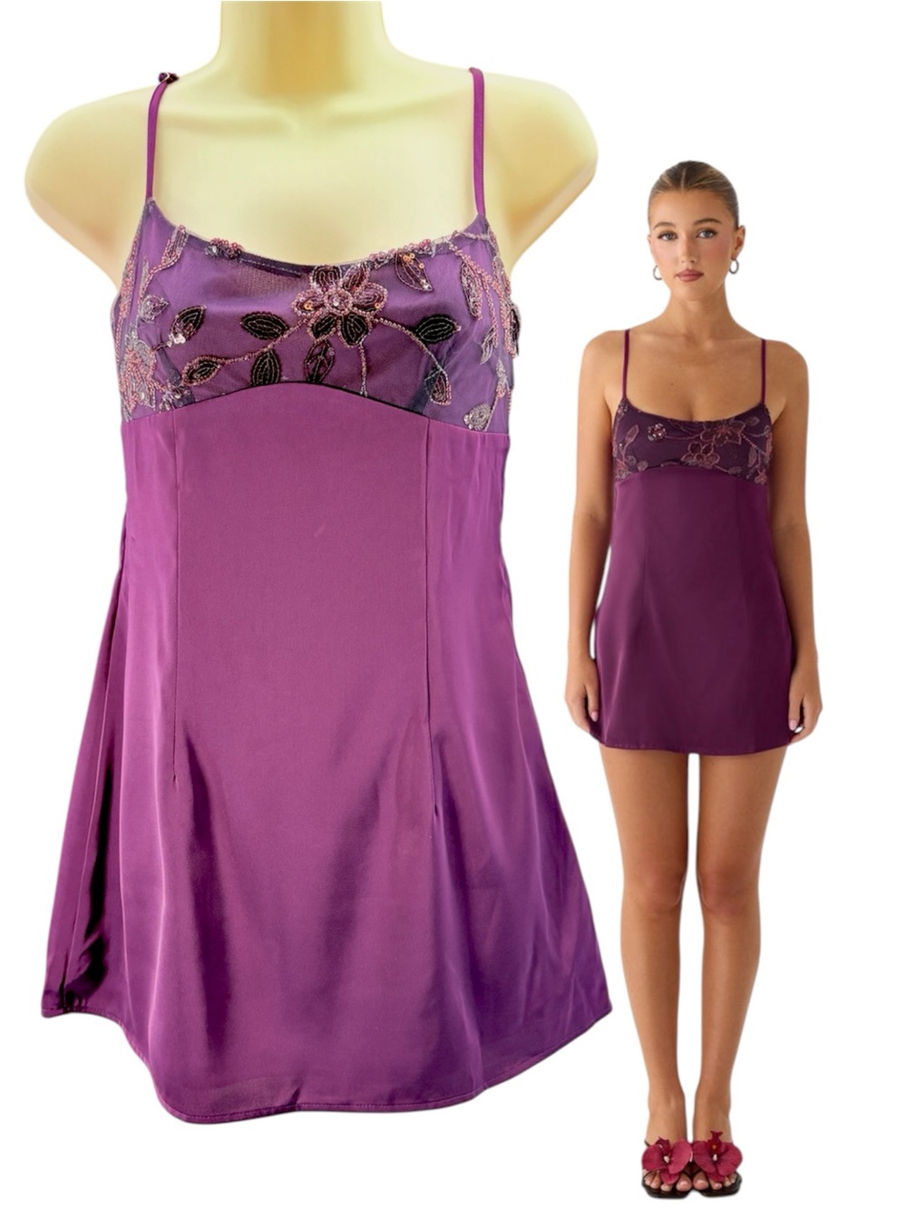 NEW Peppermayo Zion Beaded Sequined Mulberry Satin Slip Micro Mini Dress Size 2